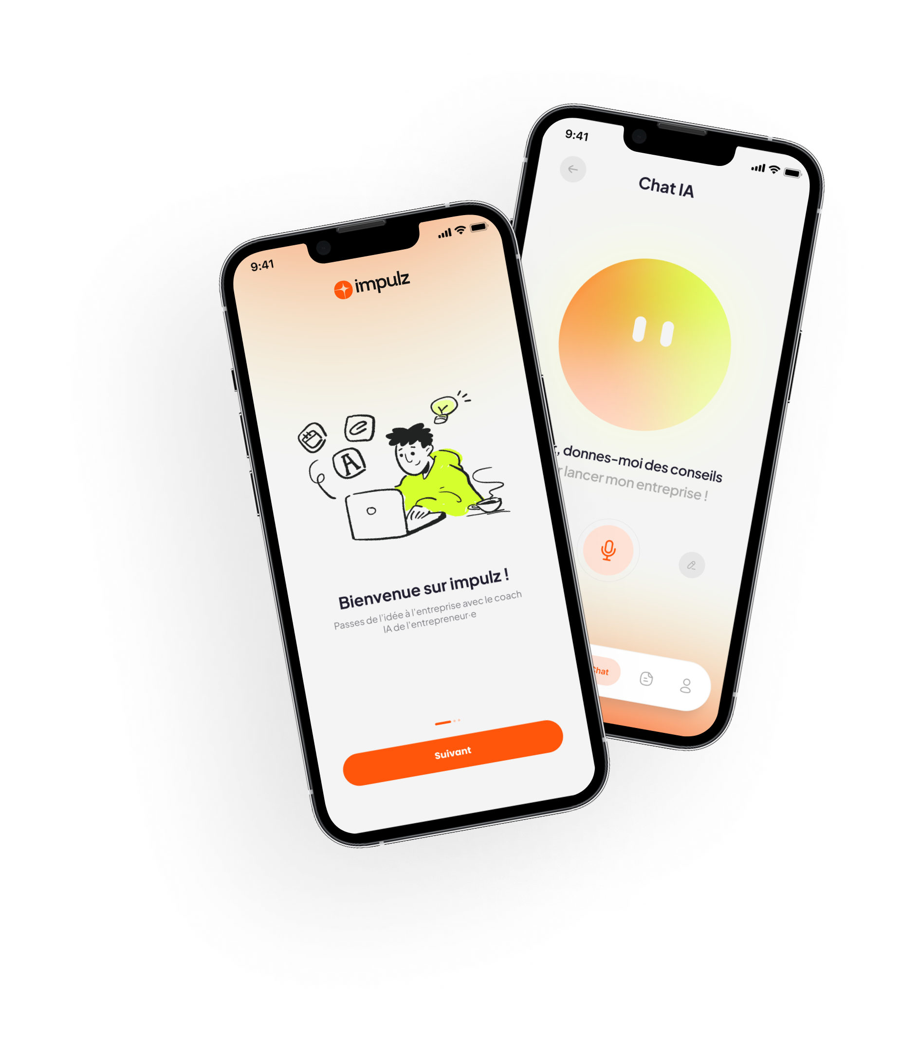 Deux smartphones affichant l’interface de l'application Impulz, avec l’écran d’accueil et un chat de coaching IA visible.