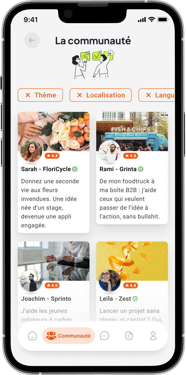 Mockup d’un téléphone affichant la page « Communauté » de l’application Impulz.