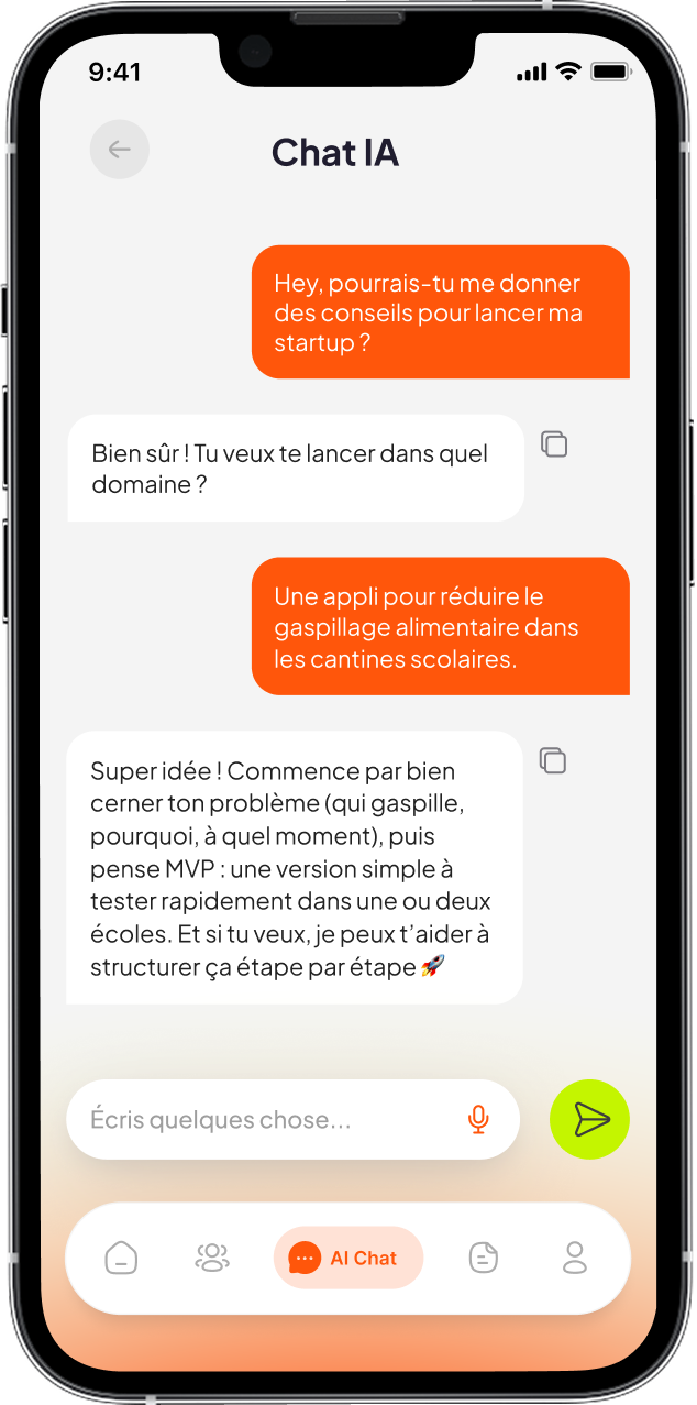 Mockup d’un téléphone affichant la page « Chat IA » avec une discussion en cours.